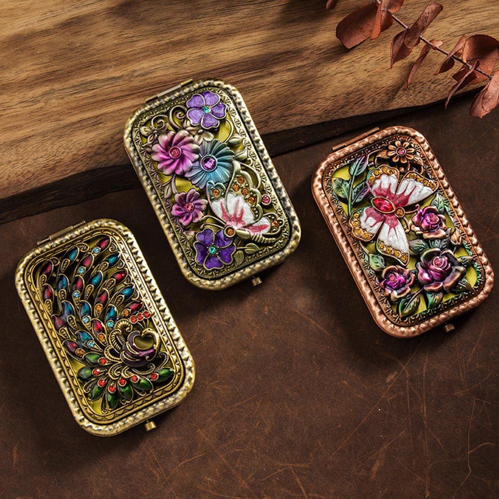 Mini specchio tascabile, specchio da borsa retrò a fiori, specchio cosmetico portatile doppio lato, specchio tascabile pieghevole antico, per donne ragazze donne cosmetici acconciatura regalo di