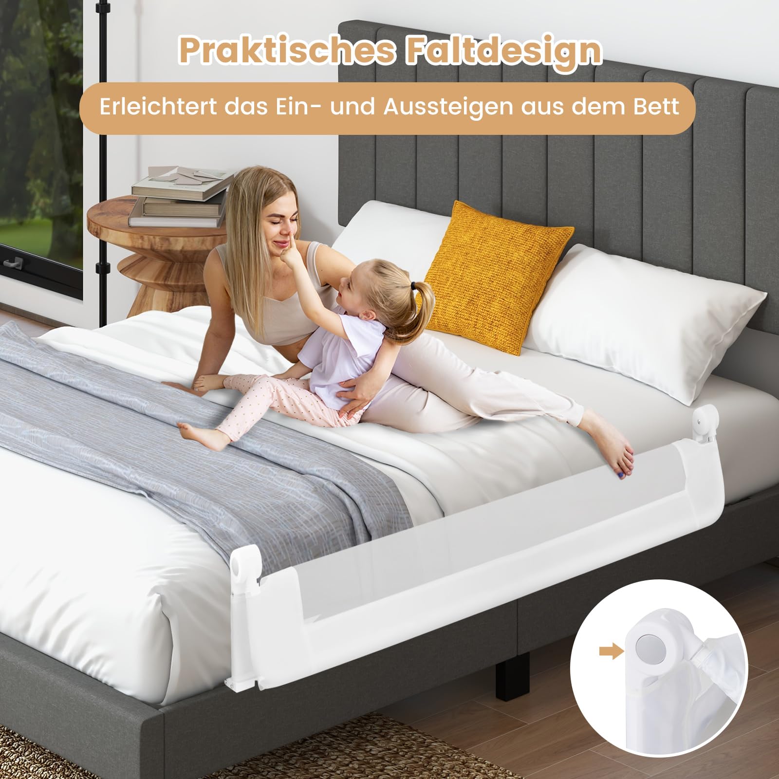 COSTWAY Bedhekje inklapbaar, bedbeschermingshek met verstelbare riemen, afneembare en wasbare stoffen hoes, één-klik-vouw, valbescherming, 180 graden opvouwbaar, voor kinderbed, boxspringbed (grijs