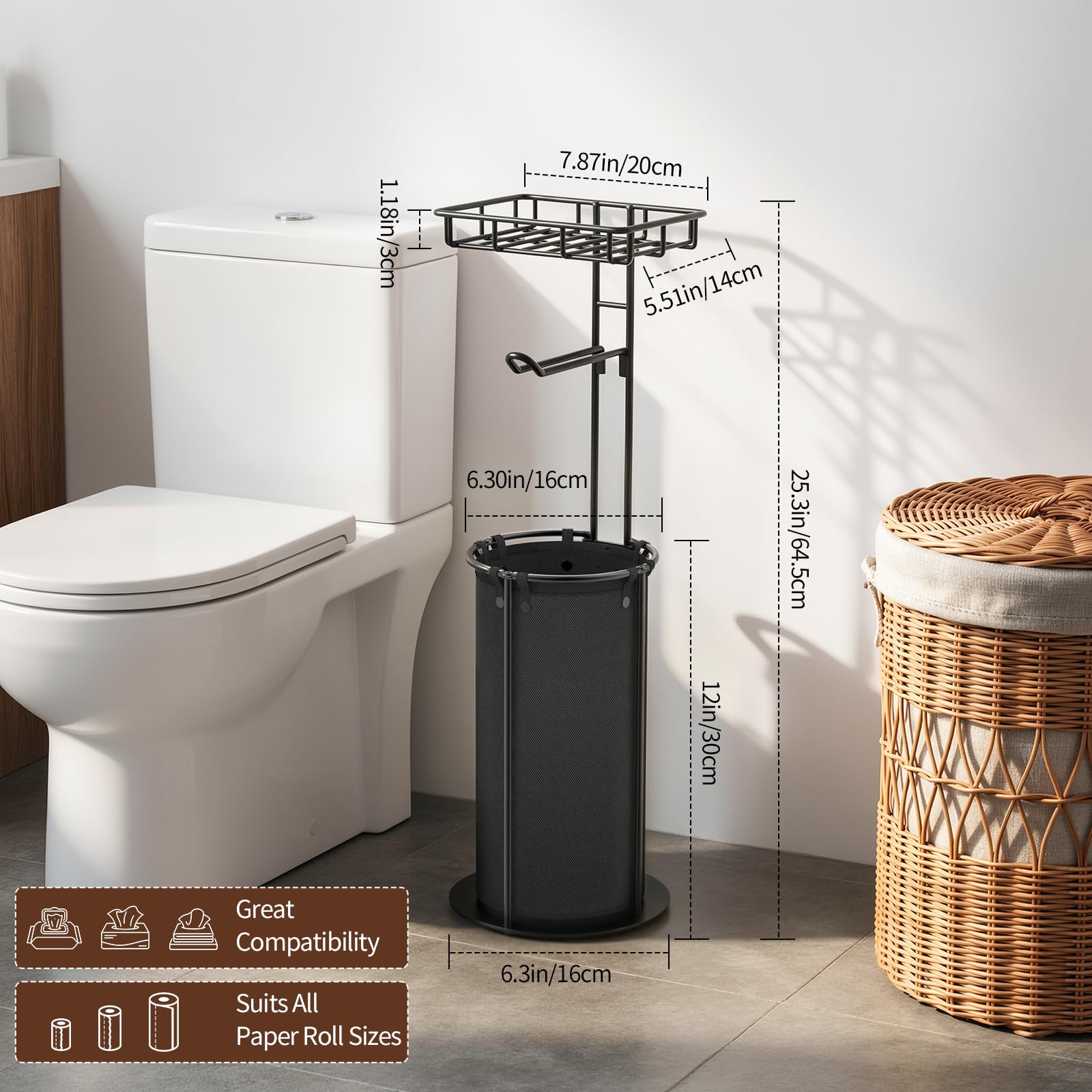 Lewondr Free Standing Toilet Paper Holder with Shelf, Black — Amazon image 6
