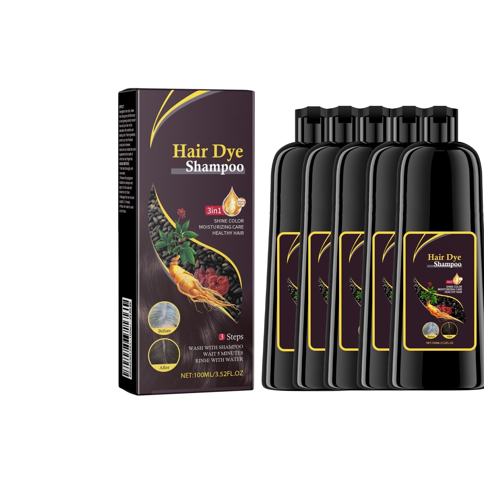 Szampon barwnikowy 100ml, szampon barwiący 3 w 1, dla mężczyzn i kobiet | Polygonum multiflorum (He Shou Wu) Farba do włosów 3 w 1 Czarny szampon do farbowania brązowego