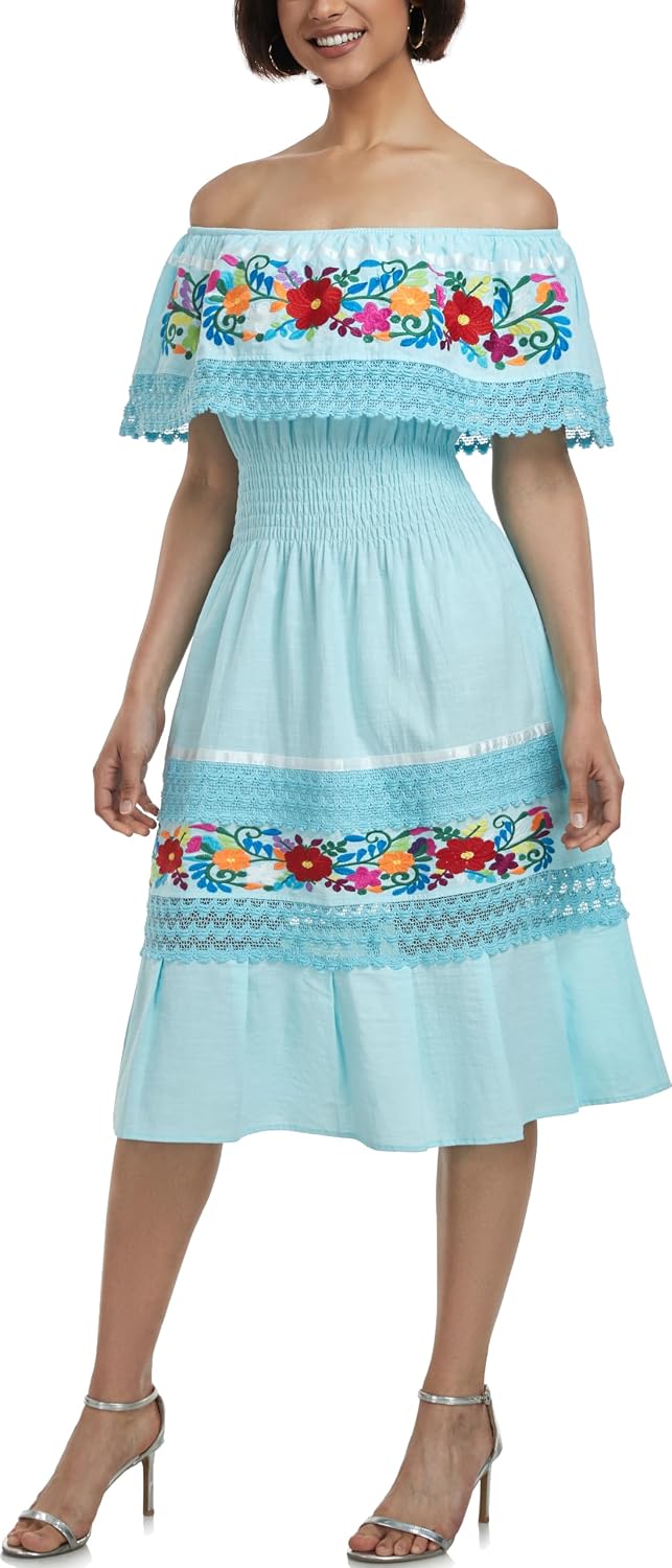 YZXDORWJ Mexican Dress for Women Embroidered Traditional Boho Theme Fiesta Floral Lace Off-Shoulder Ruffle Party Dress