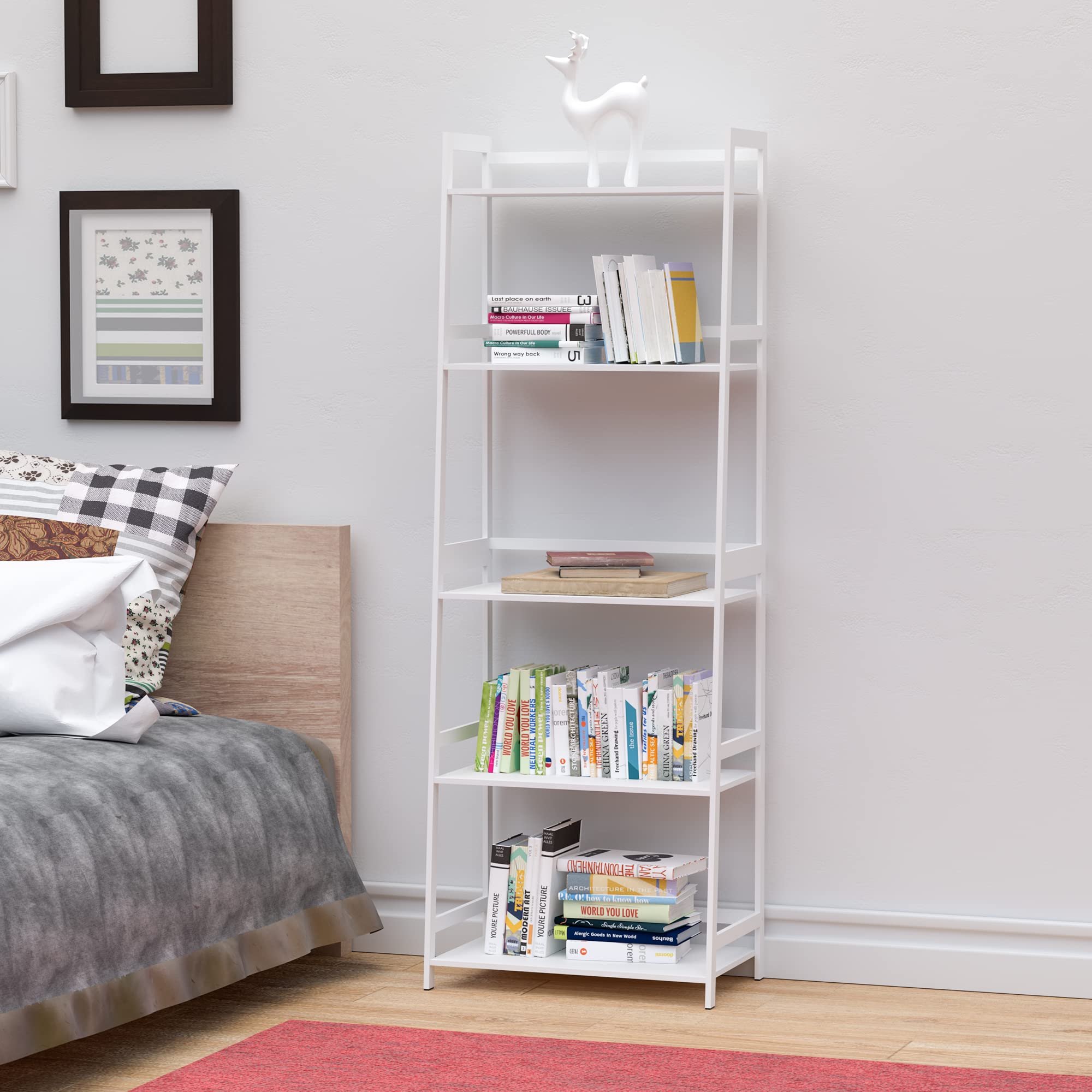 WTZ Bookshelf, Ladder Shelf, 5 Tier Bamboo Bookcase, Modern Open Book Case for Bedroom, Living Room, Office, BC-238 White
