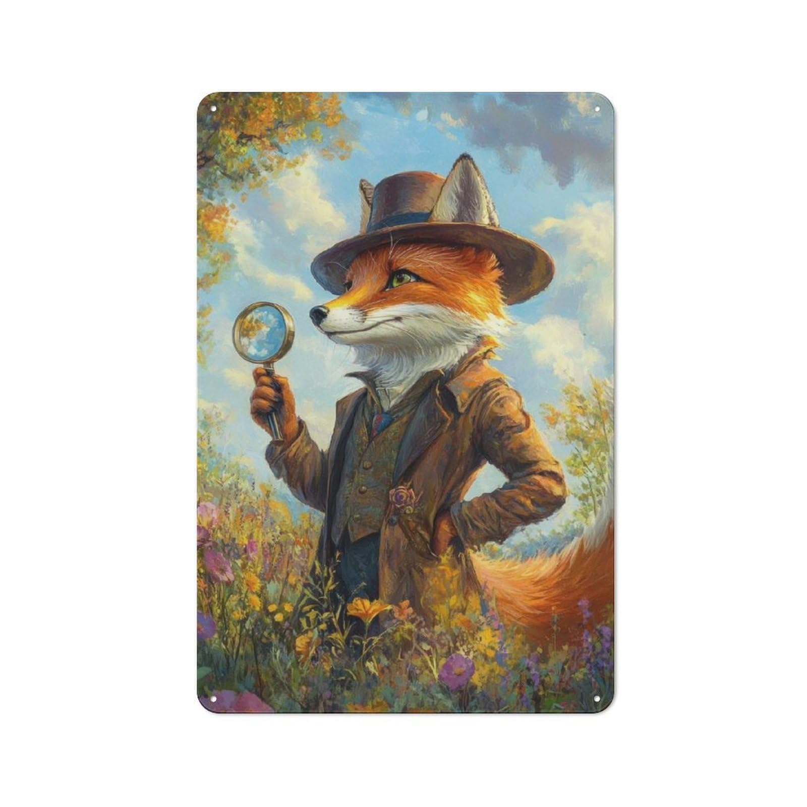 Classic Decorative Tin Plaque 30x20cm Featuring Fox Detective, Novelty Wall Art for Home, Shop, Pub Or Studio Wall
