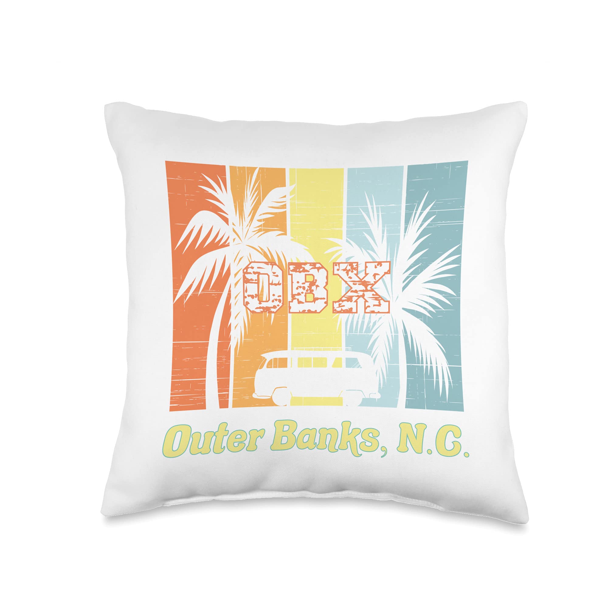 NC OBX Retro Beach Family Vacation Outer Banks Palm Tree Throw Pillow, 16x16, Multicolor