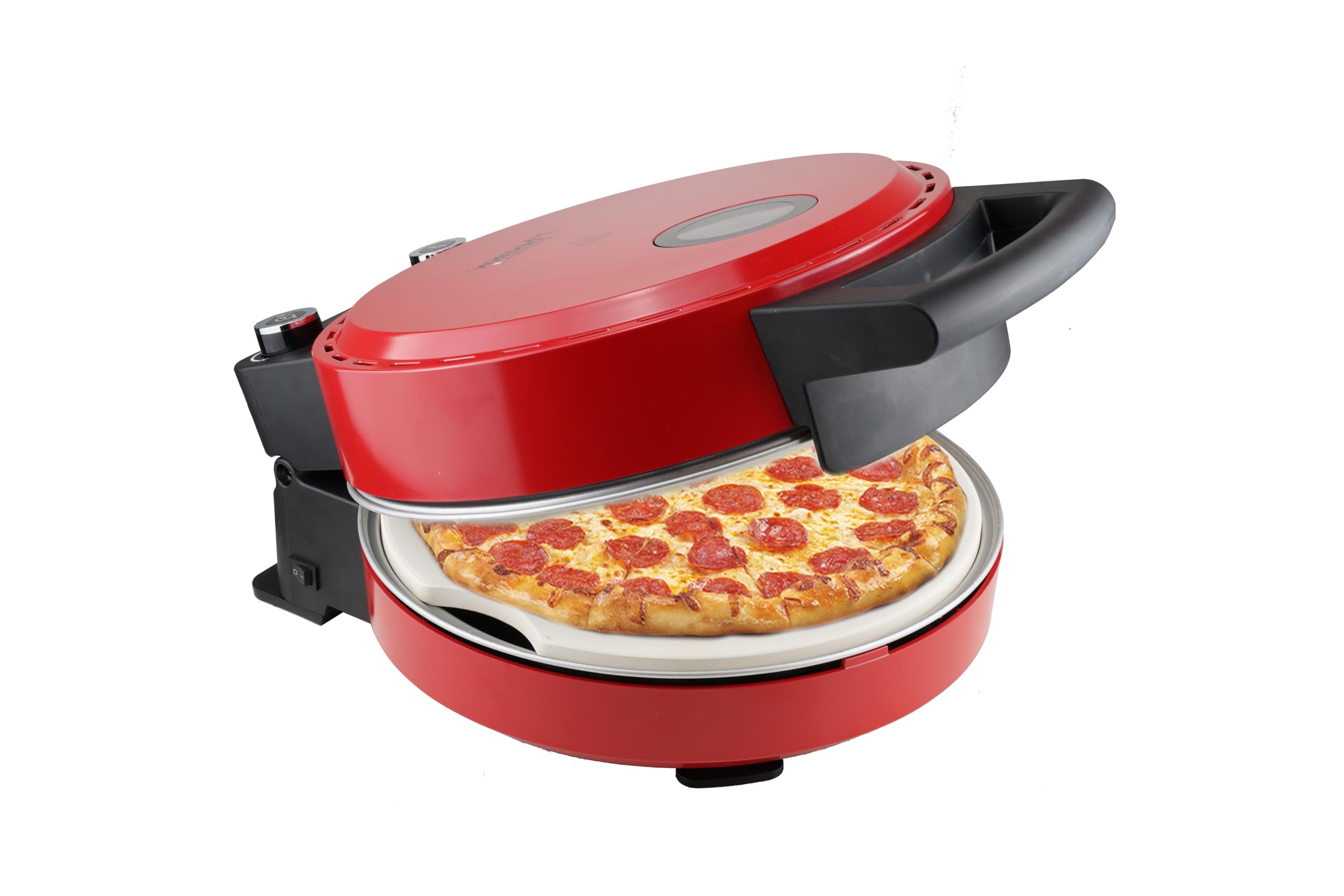 Bestron Forno per pizza croccante in 5-10 minuti, forno elettrico per pizza fino a 320 °C, con pietra refrattaria e 2 grandi spatole in legno, Viva Italia, colore: rosso