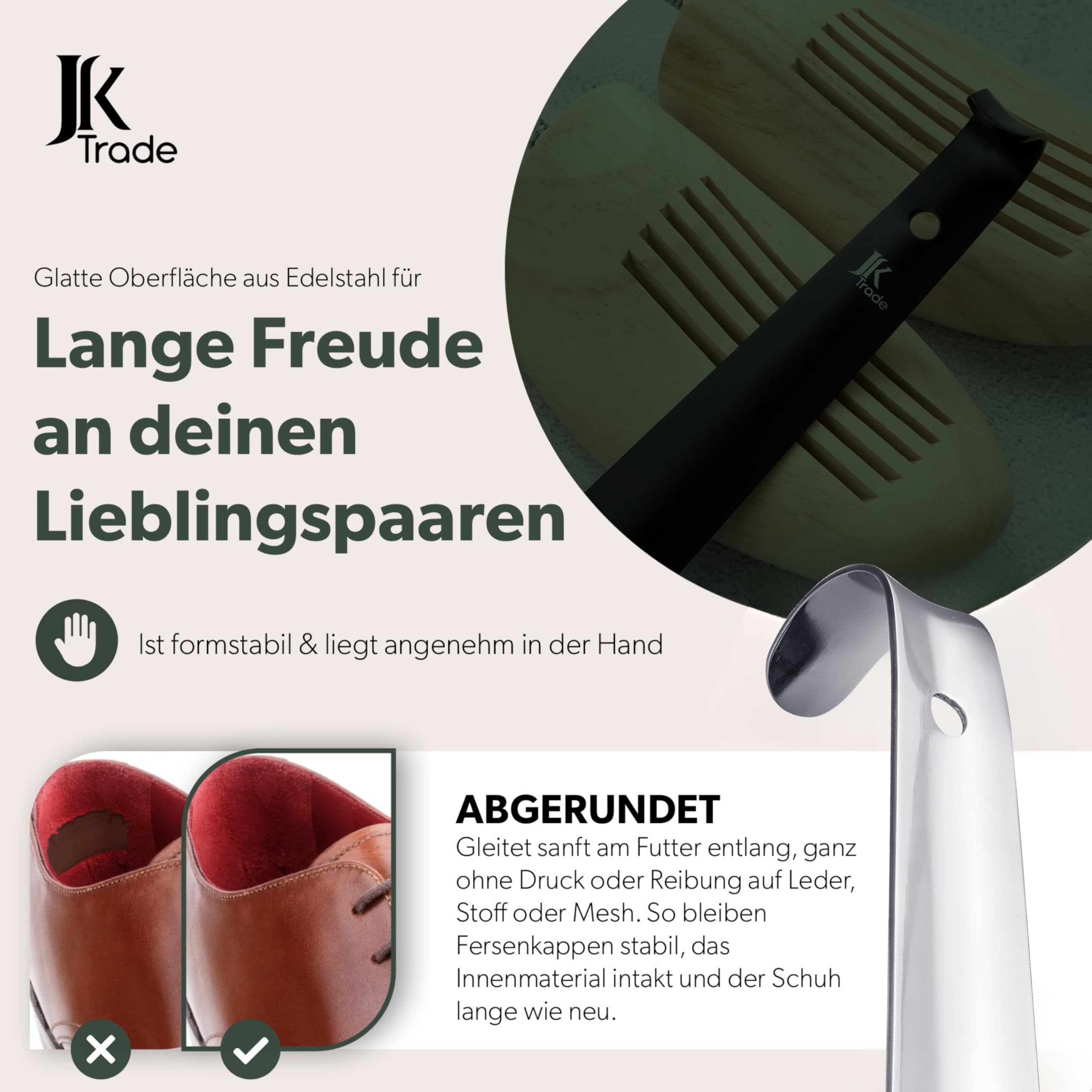 JK Trade® 42cm STABILER Edelstahl Schuhlöffel Lang | 2mm polierter Metall Schuhanzieher Lang zum Stehen | Schnell & Einfach | optimierte Länge & Breite | Shoe Horn | Aufhängbar