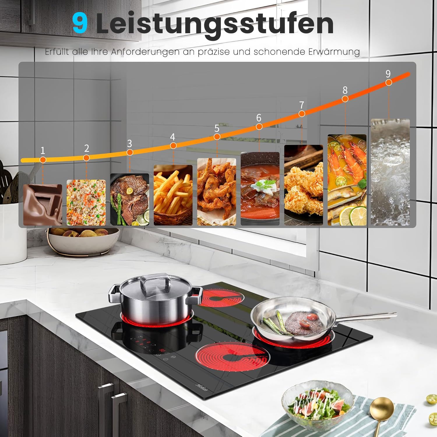 Glaskeramikkochfeld 4 Zonen 60cm 6000W 9 Leistungsstufe Sensor-touch Control Autark verkabelt