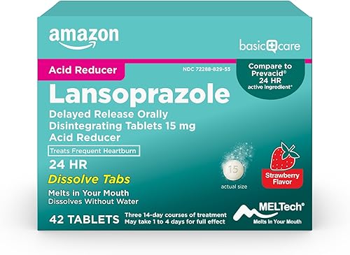 Amazon Basic Care Lansoprazol - Tabletas de liberación retardada de desintegración oral de 15 mg, pastillas reductoras de ácido, sabor a fresa, 42