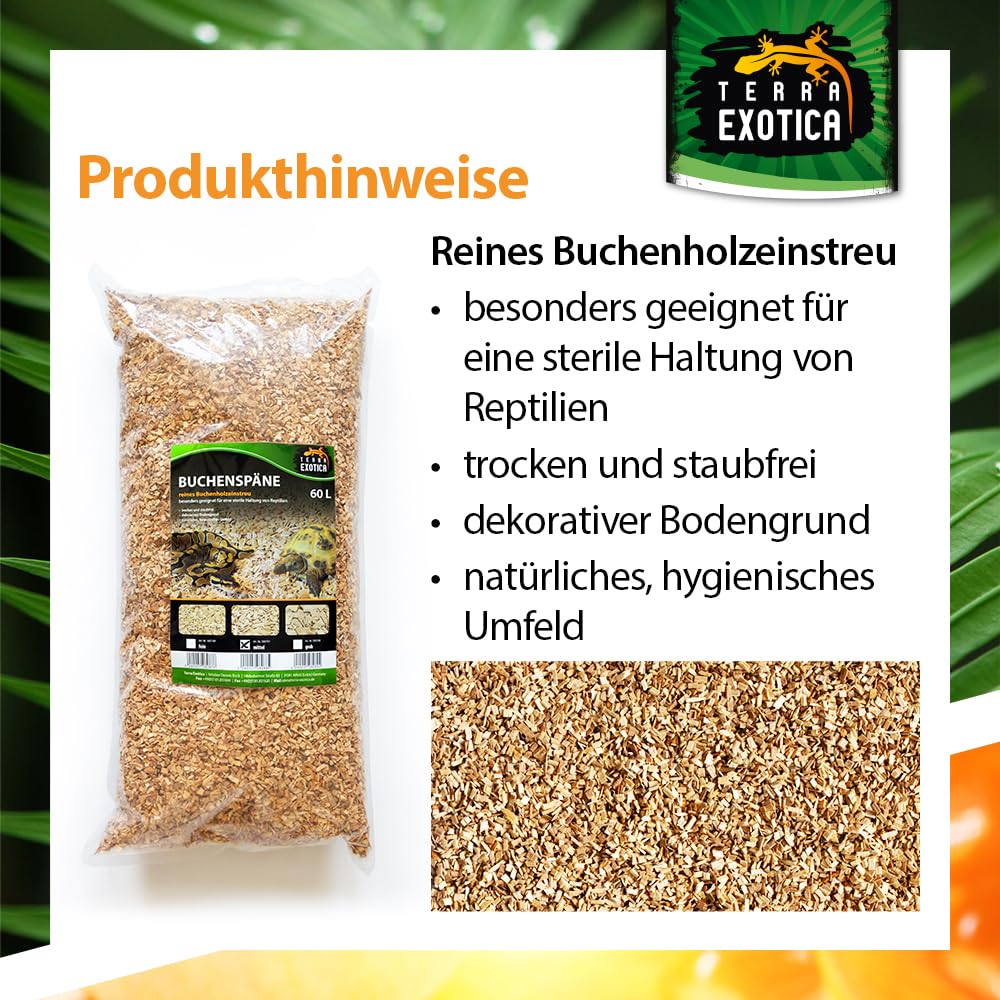 Buchenspäne mittel als Einstreu für Ihr Terrarium in 10, 20 oder 60 Liter - Natürliches Buchenspan geeignet für Reptilien, Vögel und Kleinsäuger (60 Liter)
