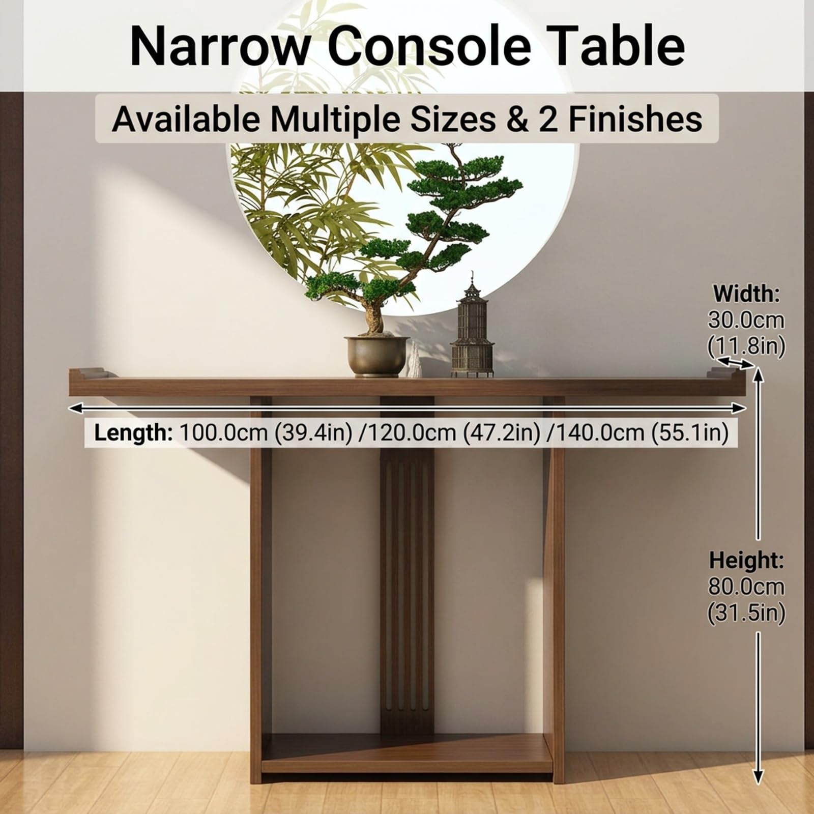 Tavolo Consolle in Legno Massivo,Tavolo Accento Stretto a Due Livelli | Per Ingresso, Lungo Tavolino Laterale per Divano con Gamba a Listelli Verticali Centrali e Ripiano(Brown,120cm)