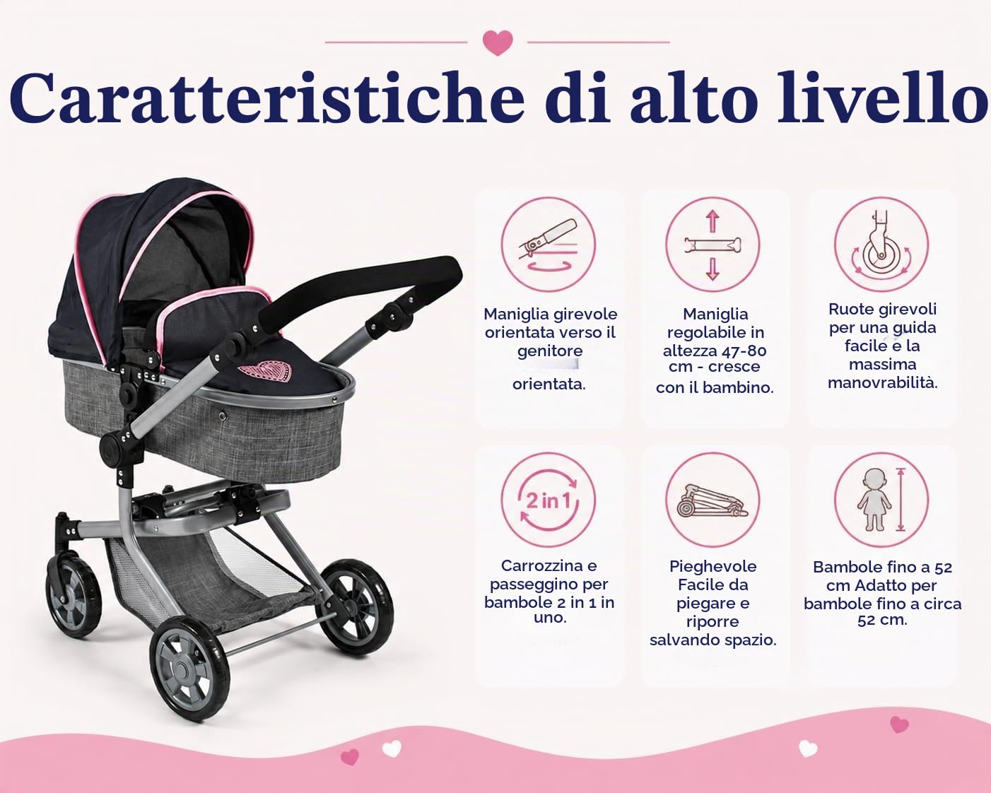 Bayer Chic 2000 - Passeggino per bambole Mika, passeggino combinato 2 in 1 per bambini dai 4 agli 8 anni, grigio melange