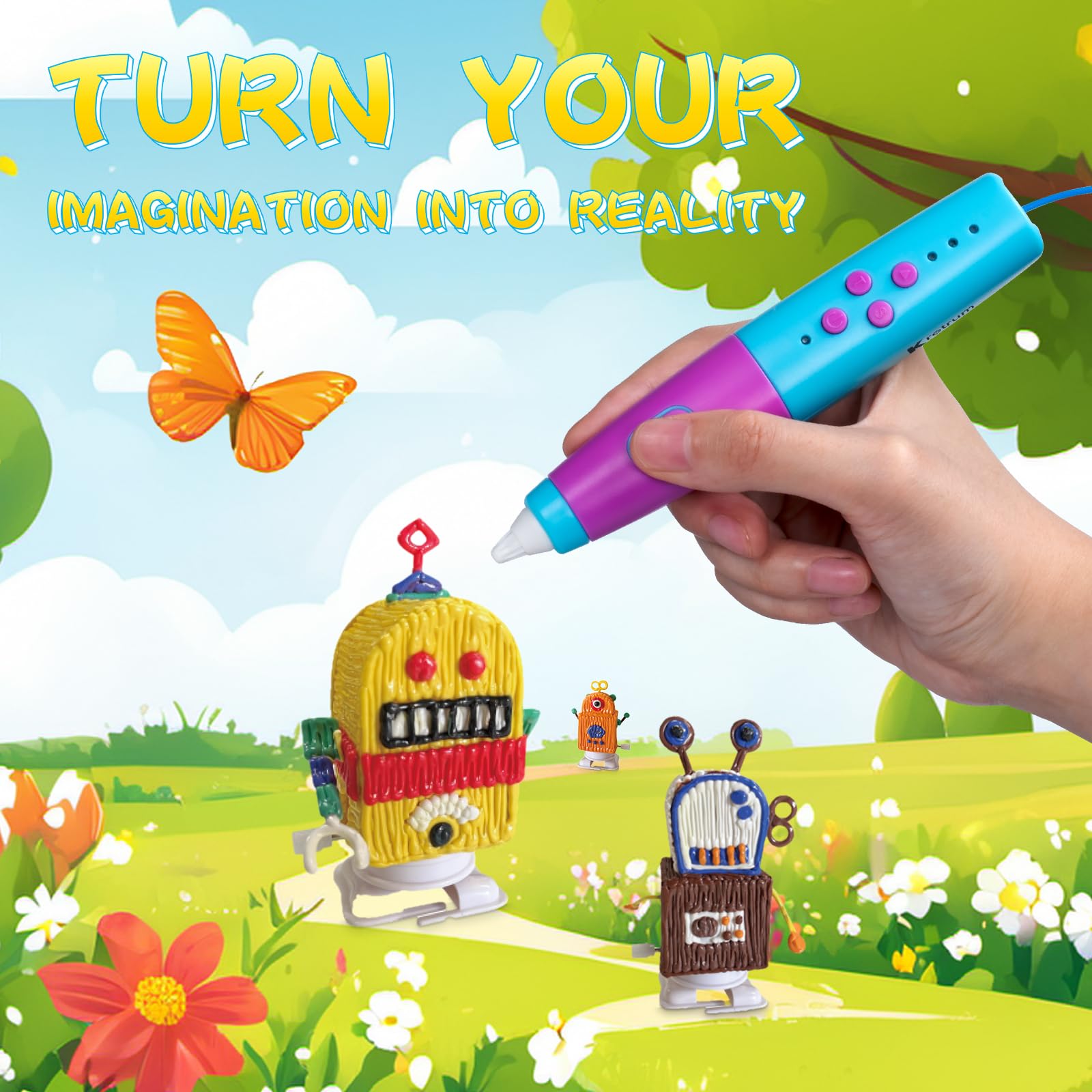 Kretrum Penna 3D per bambini, a bassa temperatura, kit di penne per stampa 3D con stencil robot, protezioni per le dita, filamento PCL da 1,75 mm, ecc. Penna 3D, miglior regalo di compleanno per