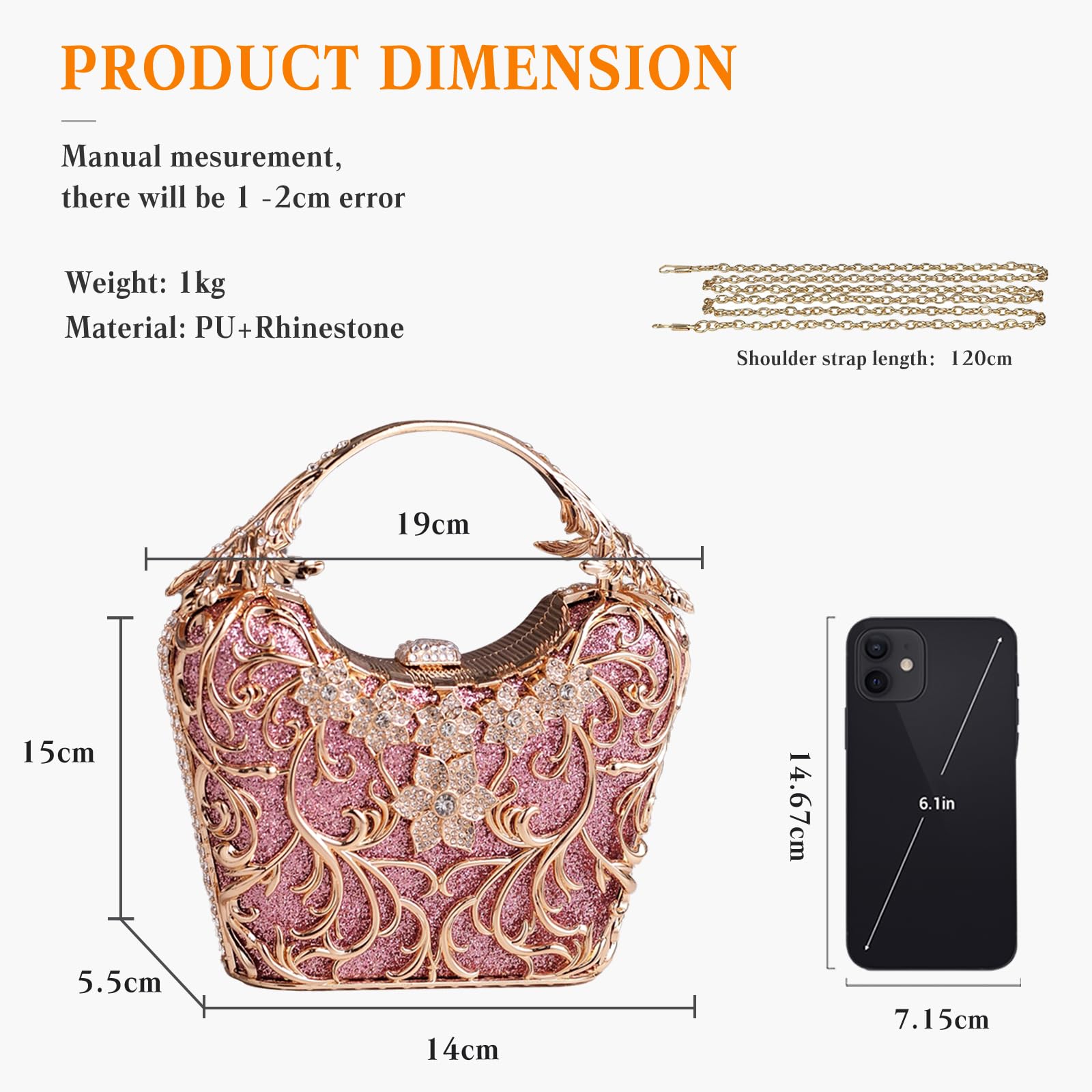 Bolsa de Noche para Mujer Diamantes de Imitación Clutch Lentejuelas Bolso de Fiesta Bolso de Boda Elegante Bolso de Hombro Bolsos Bandolera con Cadena para Boda Fiesta Banquete Rosa