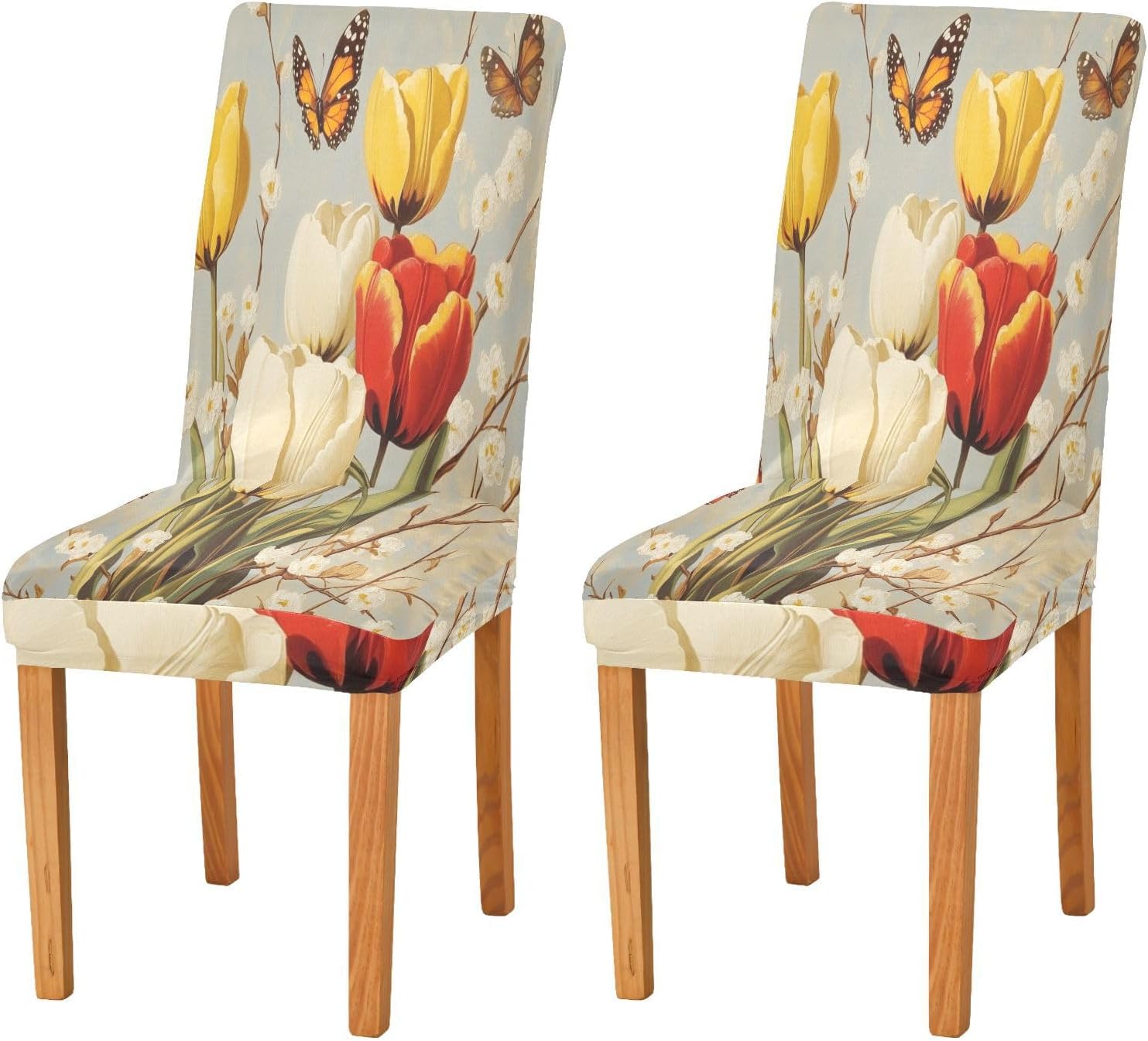 ALAZA Chair Covers for Dining Room, Vintag Tulips Branches and Butterflies Stretch Chair Cover Sets Chair Protector Removable Washable for Ktichen Restaurant Hotel