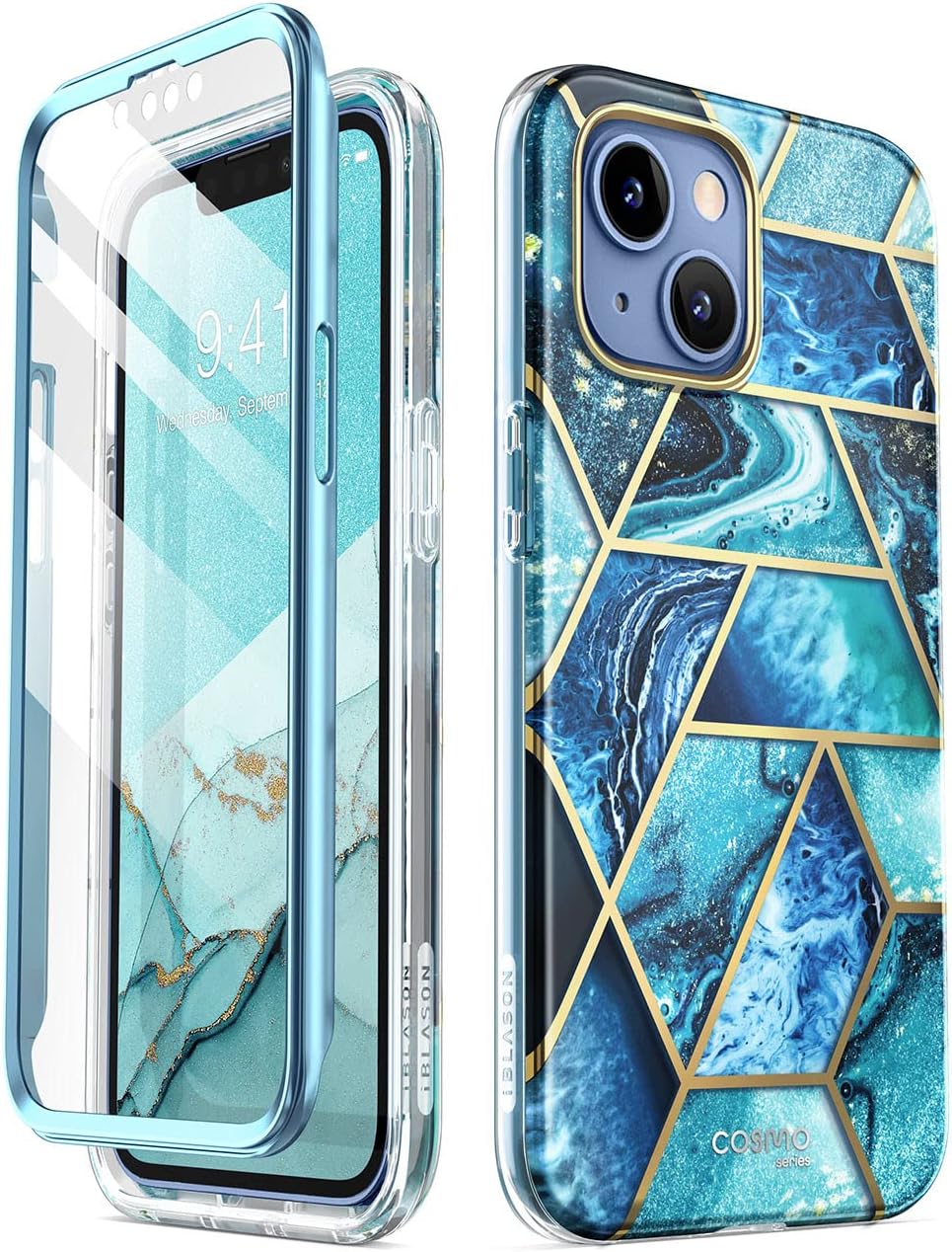 i-Blason Cosmo for iPhone 14 Case/iPhone 13 Case with Built-in Screen Protector, [Support Wireless Charging] Slim Full-Body Stylish Protective Phone Case for iPhone 14/13 6.1'', Ocean Blue