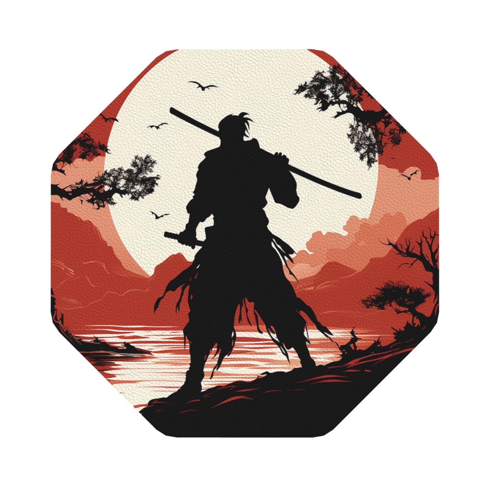 Fodpand Octagon Samurai Drink Coasters Set Of 4, Heat Resistant Leather Coasters Fuuny Bar Beer Beverage Coaster For Drinks, Absorbent Cup Mat For Tabletop Protection, Housewarming Gift