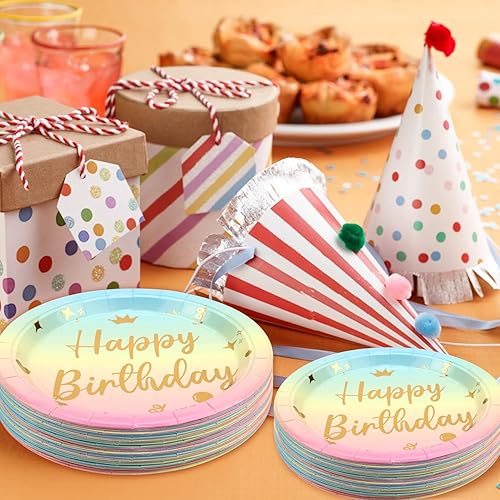 Miniatura 6 de Vajilla de fiesta de cumpleaños de arcoíris con lunares dorados, 150 unidades, platos de postre y cena de fiesta en colores pastel, servilletas para