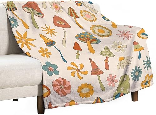 Miniatura 35 de Manta de tiro floral retro de los años 70, estilo bohemio, ondulado, geométrico, hippie, lindas flores, amarillo y naranja, manta con estampado