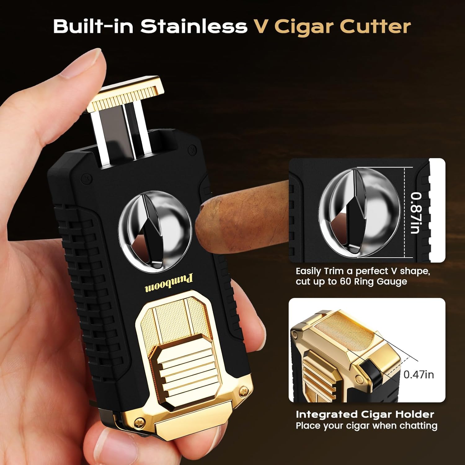5-in-1 Cigar Lighter with V Cigar Cutter, Cigar Punch, Cigar Holder, Draw Enhancer Tool, and Triple Windproof Jet Flames, Cool Butane Torch Lighter with Gift Box, Cigar Accessories for Smoking, Men
