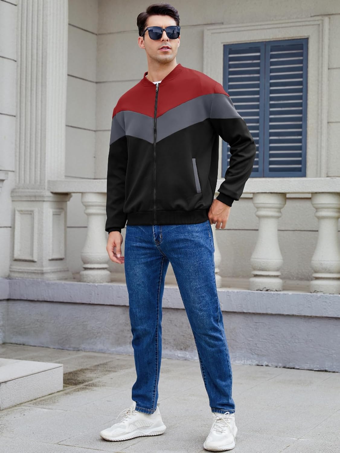 Arssm Mens Lightweight Jacket Color Block Bomber Jacket Patchwork Fall Zip Up Varsity Coat - Image 7