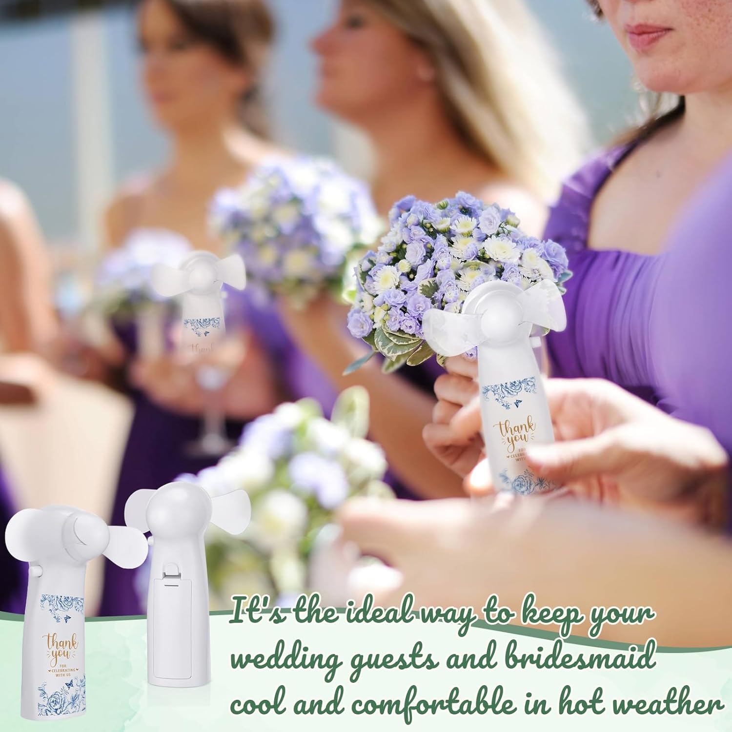 Glooglitter 50 Pcs Wedding Mini Portable Electric Fan Bulk Powerful Personal Handheld Fan for Wedding Guests Favors Bridal Party Bridesmaid Gifts, Battery Not Include(Blue Flower)