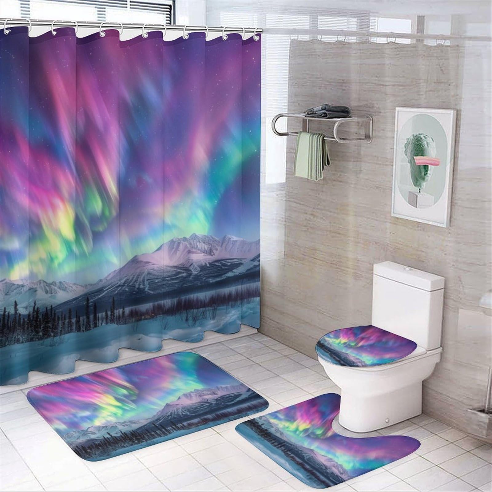 Dunmat 4 Pcs Abstract Aurora Borealis Bathroom Sets with Shower Curtain and Rugs, Forest Snowy Mountain Landscape Shower Curtain Set with Rug, Mats