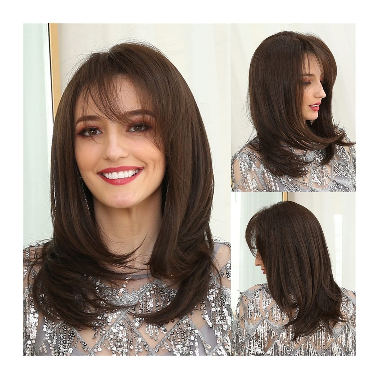 Parrucche marrone scuro for donna Capelli sintetici Affascinanti parrucche lunghe ricci naturali con parte laterale frangia Parrucca sintetica in fibra resistente al calore