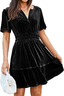 Simplee Women's 2025 Velvet Short Sleeve Cocktail Dress Fall Winter Casual V Neck Empire Waist Mini Dresses with Pockets