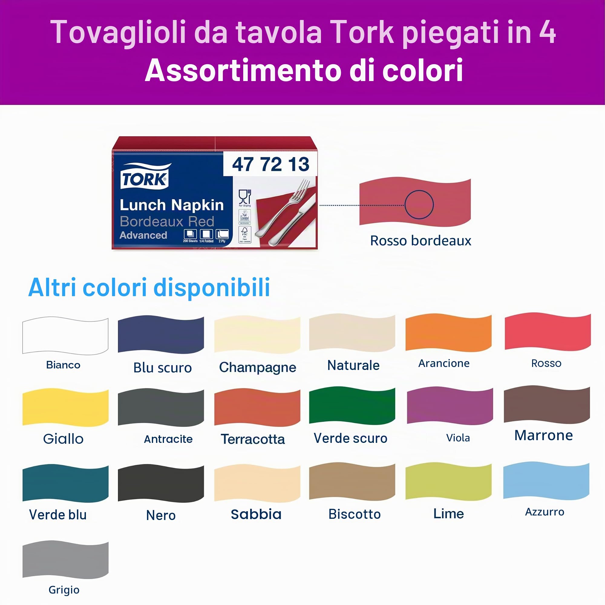 Tork 477213 Tovagliolo Lunch bordeaux Advanced, 2 veli, piegato in 4, 10 pacchi x 200 tovaglioli (2000 pz), 33 cm (lungh.) x 32,6 cm (largh.)