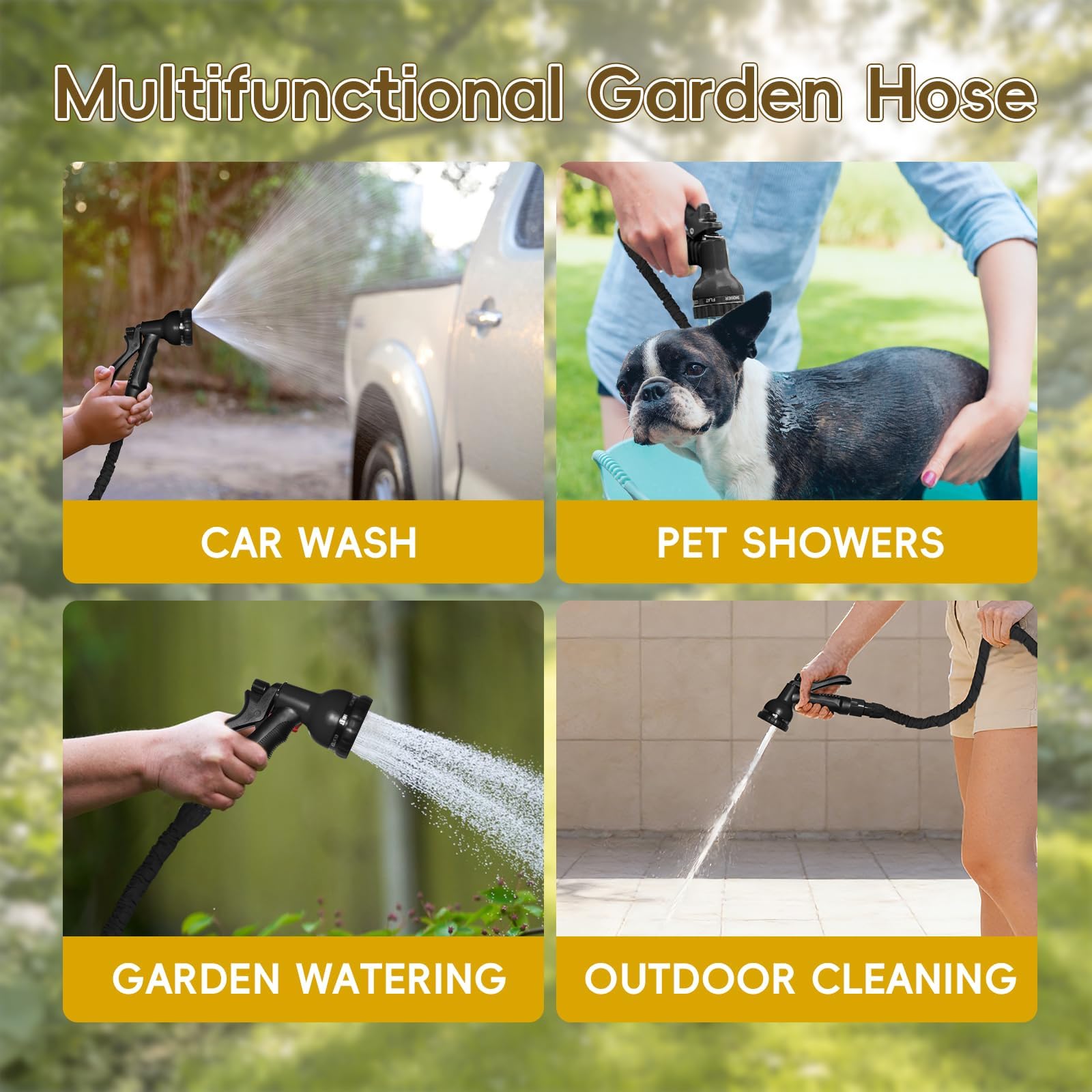 Expandable Garden Hose Pipe 30m/100ft, Heavy Duty Flexible with 7-Function Spray Gun, 3/4" 1/2" Fittings, Double Layer Latex Core Hosepipe, Durable & Anti-Leak Kink Free (Black) — view 8