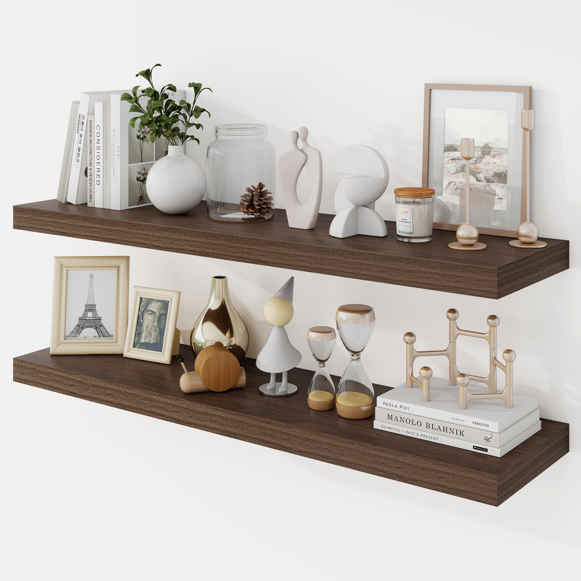 Acovy 90cm Floating Shelves, 23.5cm Deep Floating Shelf Wall Mounted, 90cm Wall Shelves, Rustic Deep Bookshelf, Large Display Shelves & Storage Shelves for Bedroom, Living Room, Walnut, Set of 2 โ image 1
