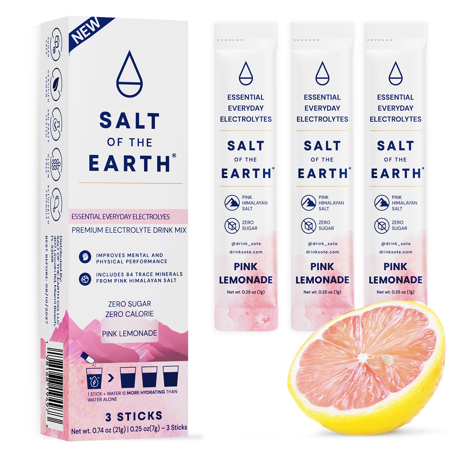 Salt of the Earth Premium Zero-Sugar Electrolyte - Made with Pink Himalayan Salt - Hydration Powder Packets | Premium Ingredients | Keto & Paleo Friendly | 3 Sticks, Pink Lemonade