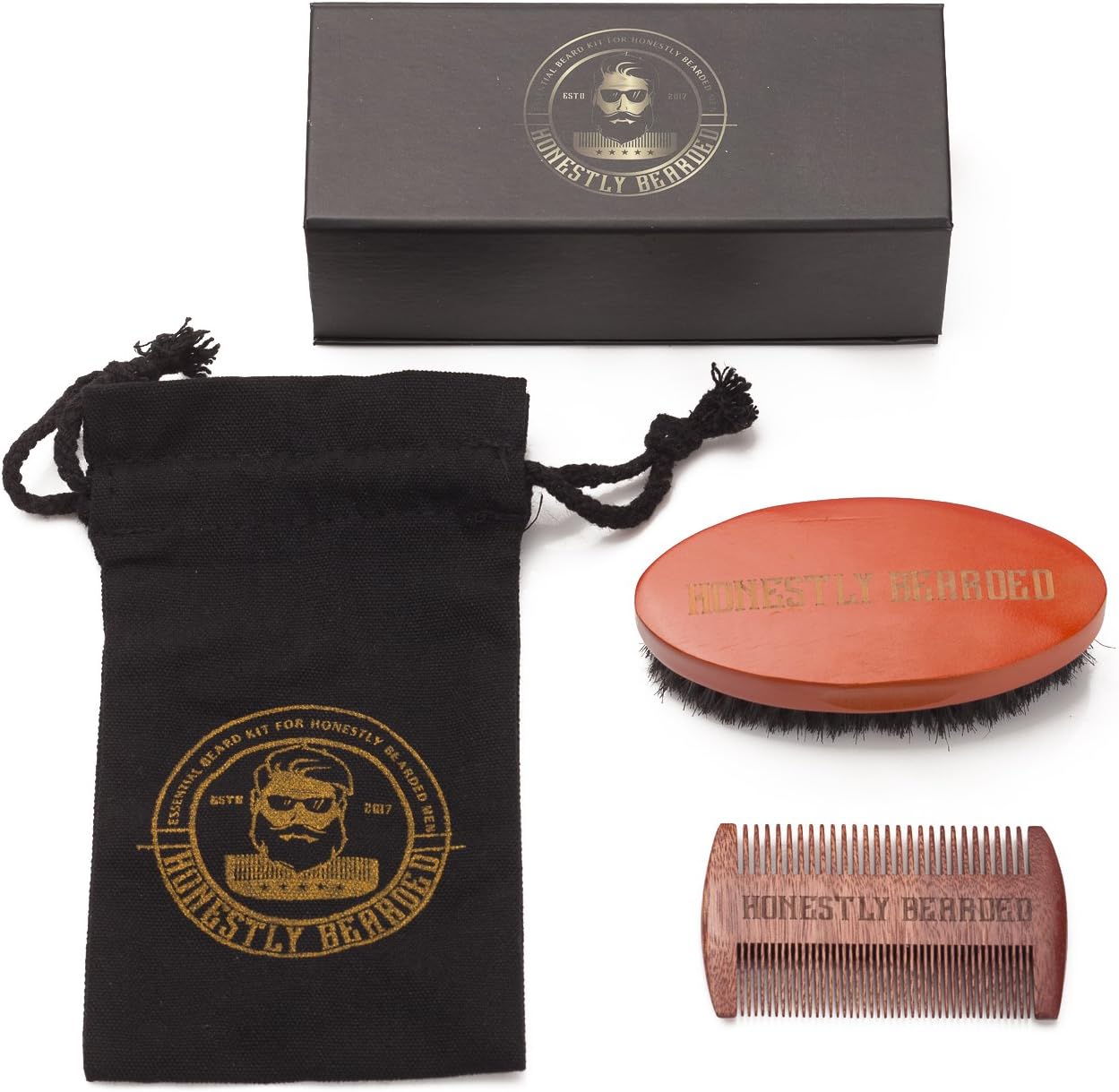 HONESTLY BEARDED Beard Comb and Brush Set for Men - 100% Boar Bristle Brush & Two-Sided Thick and Thin Tooth Comb - Comes with Black Magnetic Gift Box and Black Canvas Bag for Travel