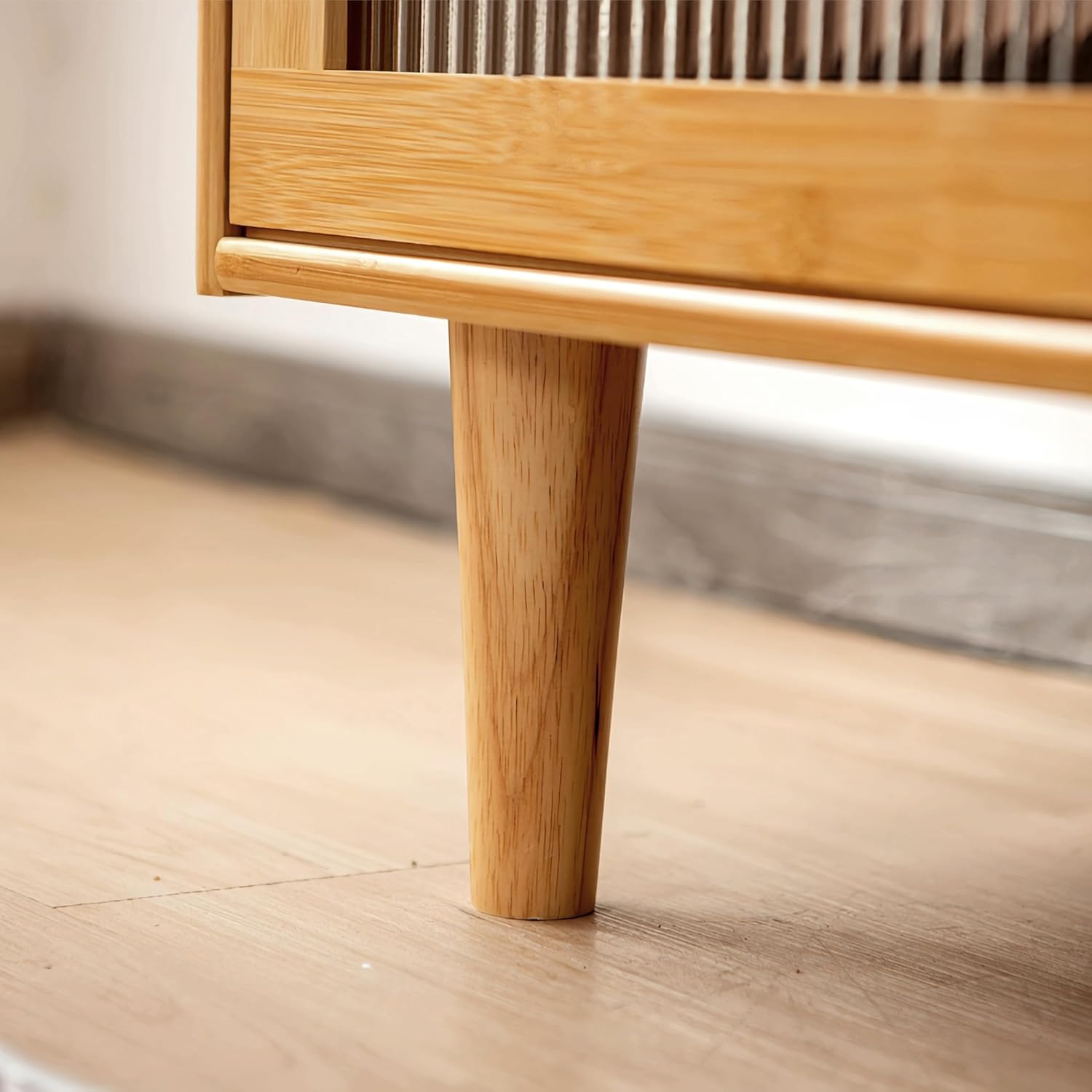 Bamboo Kitchen Sideboard Pantry Cabinets with Hooks, Large Storage Cupboard Pantry with 4 Tempered Glass Doors, Microwave Shelf, Freestanding Storage Buffet for Dining Room (Sideboard-32)