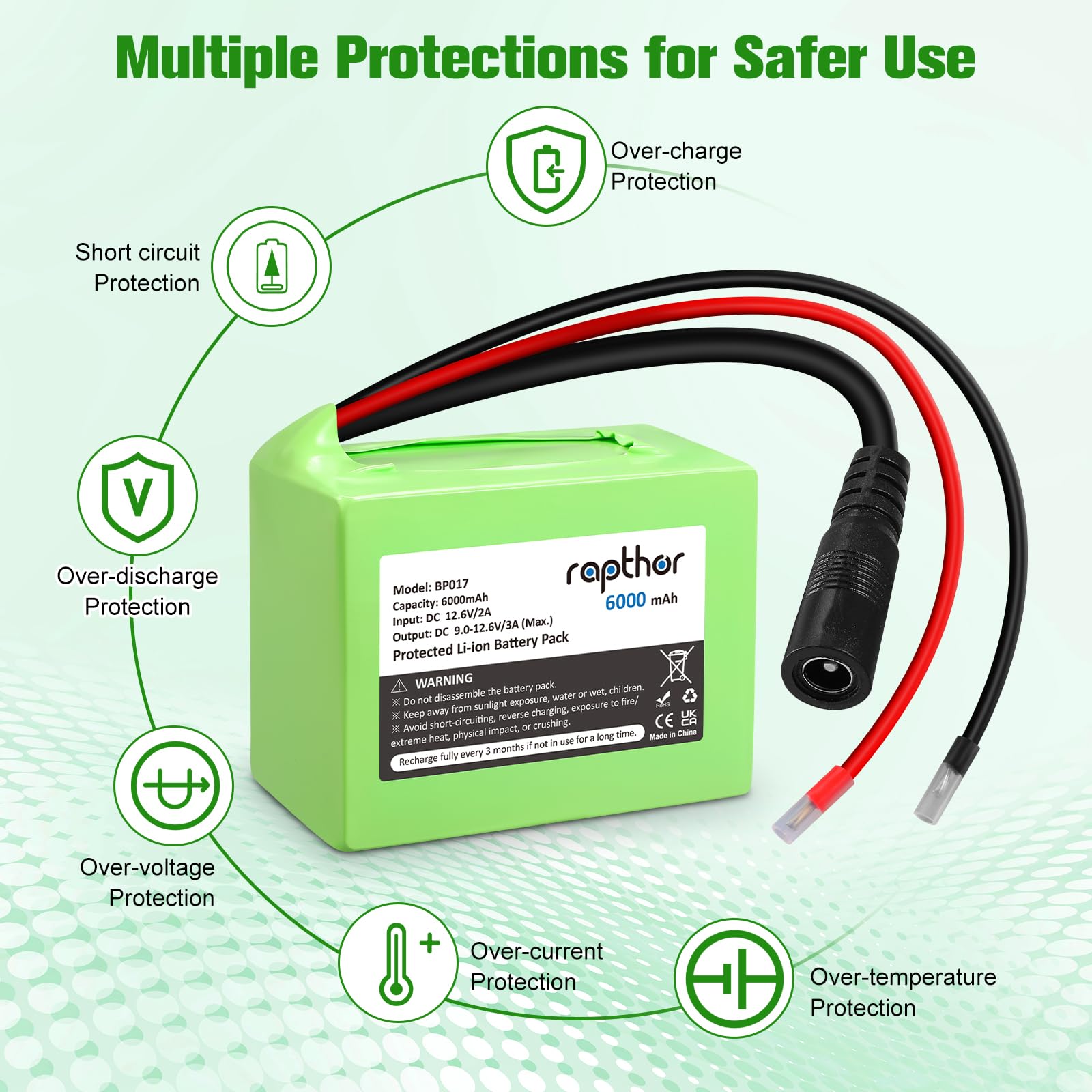 Rapthor Batteria di ricarica da 6000 mAh, 12 V DC, per batteria agli ioni di litio, con caricatore da 6 Ah e spina DC5521 per router, telecamere CCTV, strisce LED, veicoli RC, strumenti fai da te e