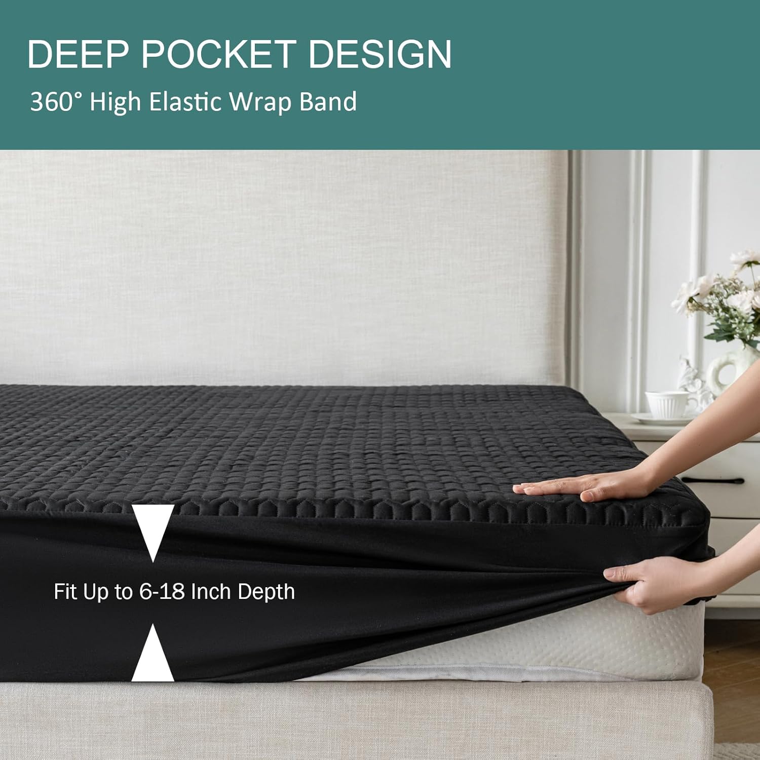 Waterproof Mattress Protector Queen Size, Mattress Pad Cover with Deep Pocket Fitted Up to 6"-18" Depth, Noiseless Soft Breathable Bed Mattress Cover Washable, Black