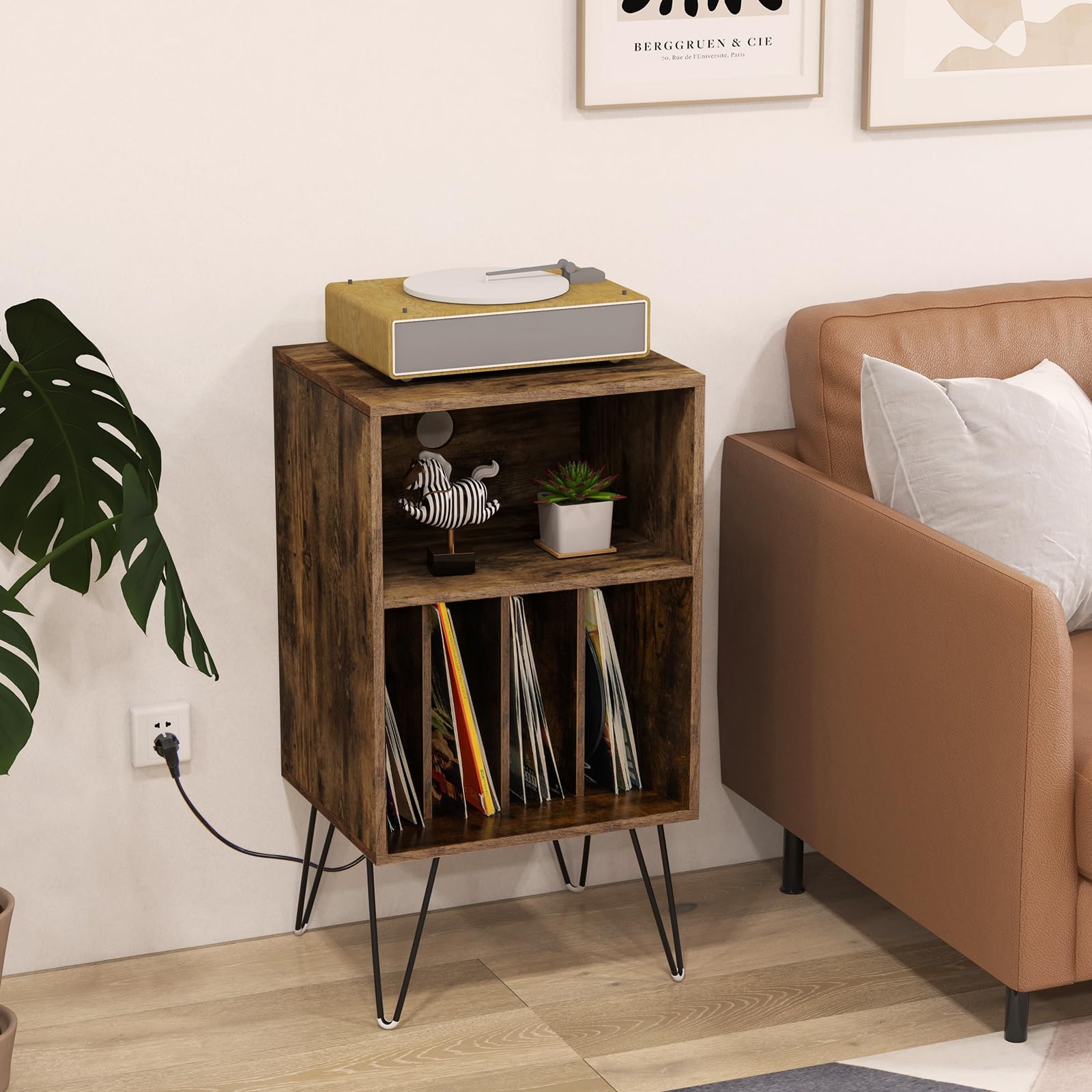 COSTWAY Plattenspieler-Ständer mit Ladestation, 3-stufiger Schallplattenständer, Vinylplatten Aufbewahrungstisch mit Regal & 4 Trennwänden für Wohnzimmer 48 x 40 x 88 cm (Industriell)