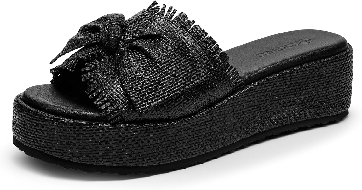 Coutgo Womens Platform Wedge Sandals Bow Open Toe Slide Sandals Straw Slip On Summer Beach Shoes