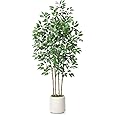 GarveeHome 6ft Artificial Ficus Tree,Tall Faux Floor Plant with White Tall Planter -Fake Plants for Home Decor Indoor with 4 Natural Trunks & White-Edged Leaves,Faux Greenery Tree for Garden Decor