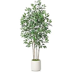 GarveeHome 6ft Artificial Ficus Tree,Tall Faux Floor Plant with White Tall Planter -Fake Plants for Home Decor Indoor with 4 Natural Trunks & White-Edged Leaves,Faux Greenery Tree for Garden Decor