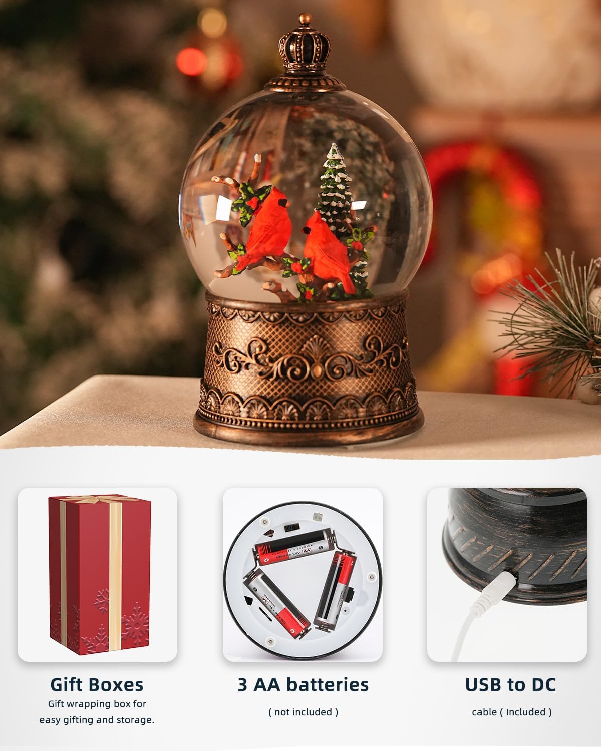 Cardinal Snow Globe, Lighted Christmas Snow Globes with Timer, Swirling Musical Glittering Snowglobe Lantern for Christmas Decorations(Cardinals)