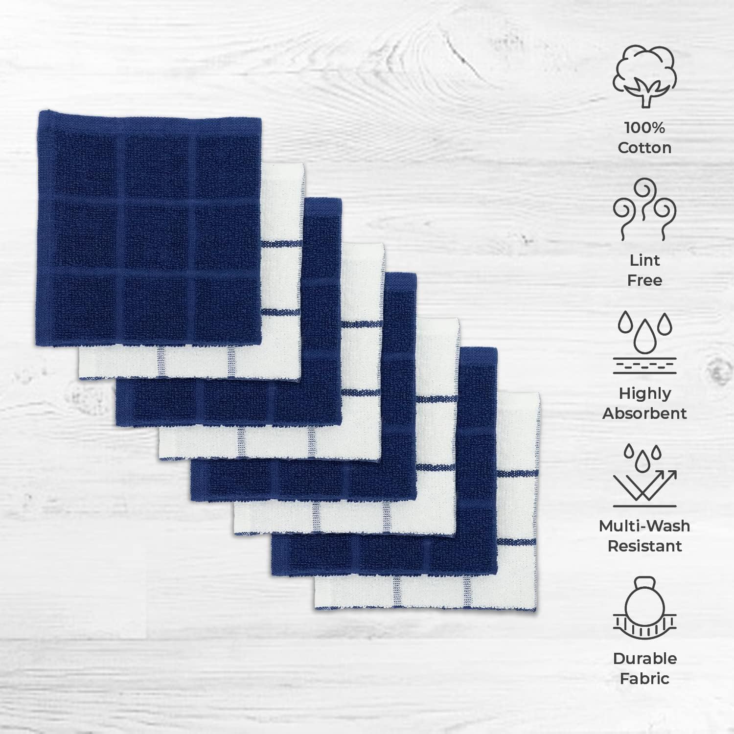 100% Cotton Terry Dish Cloth & Dish Towel, 8 Pack, Super Soft and Absorbent Kitchen Towels, Perfect for Kitchen Cleaning and Dish Washing (Navy (Solid and Check) 8 Pack) - Image 2