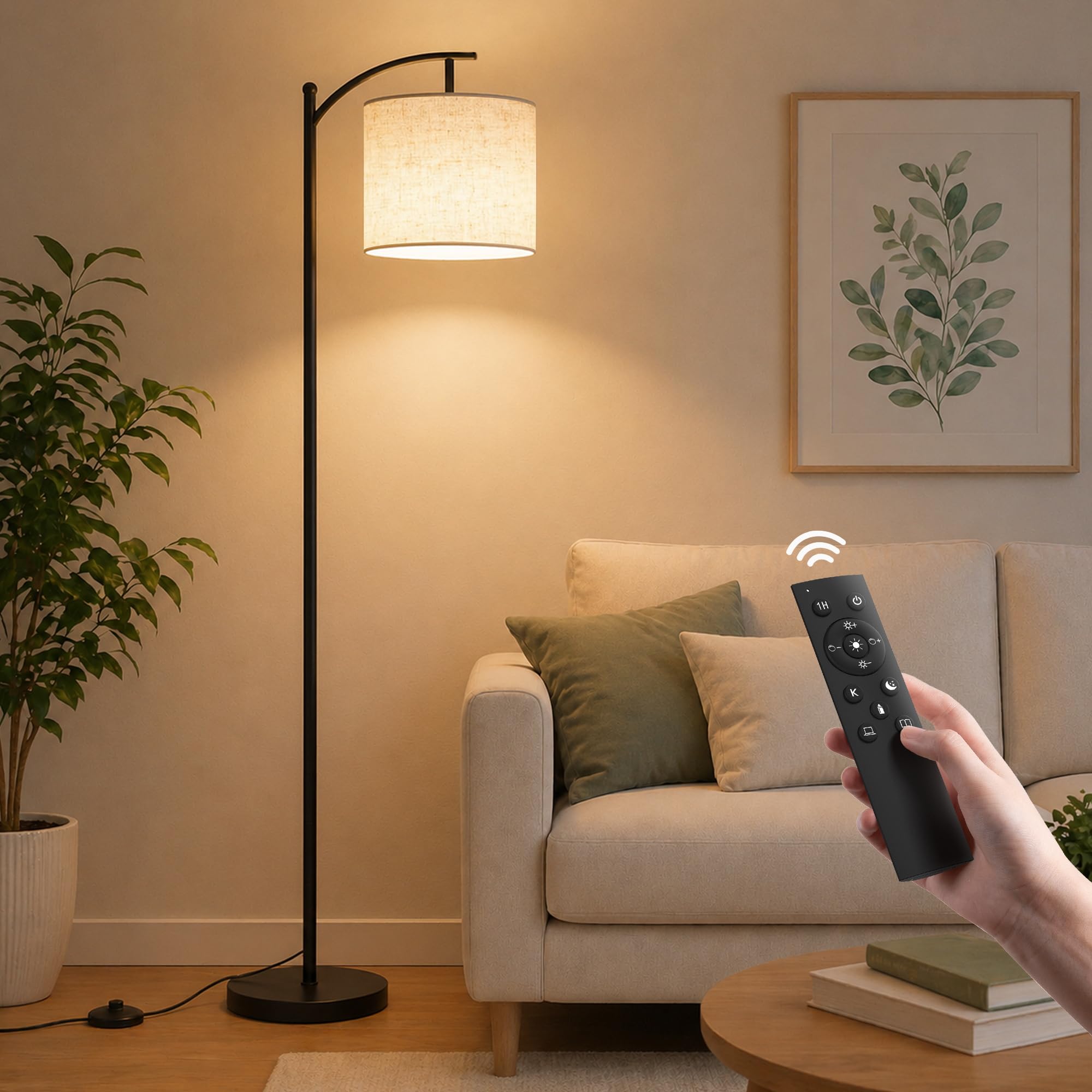 Torkase Arc Floor Lamp for Living Room, Stepless Dimmable Standing Lamp with Remote & Foot Switch, Modern Tall Lamp with Fabric Lampshade, 2700K-6500K Overhanging Light Black