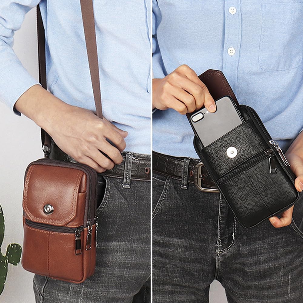 Uomo Borsa Cintura per Cellulare in Pelle, Custodia da Cintura per Smartphone, Impermeabile Pelle Sacchetto della Clip Custodia Borsa da Cintura Borsello Portacarte per Outdoor Campeggio Viaggio