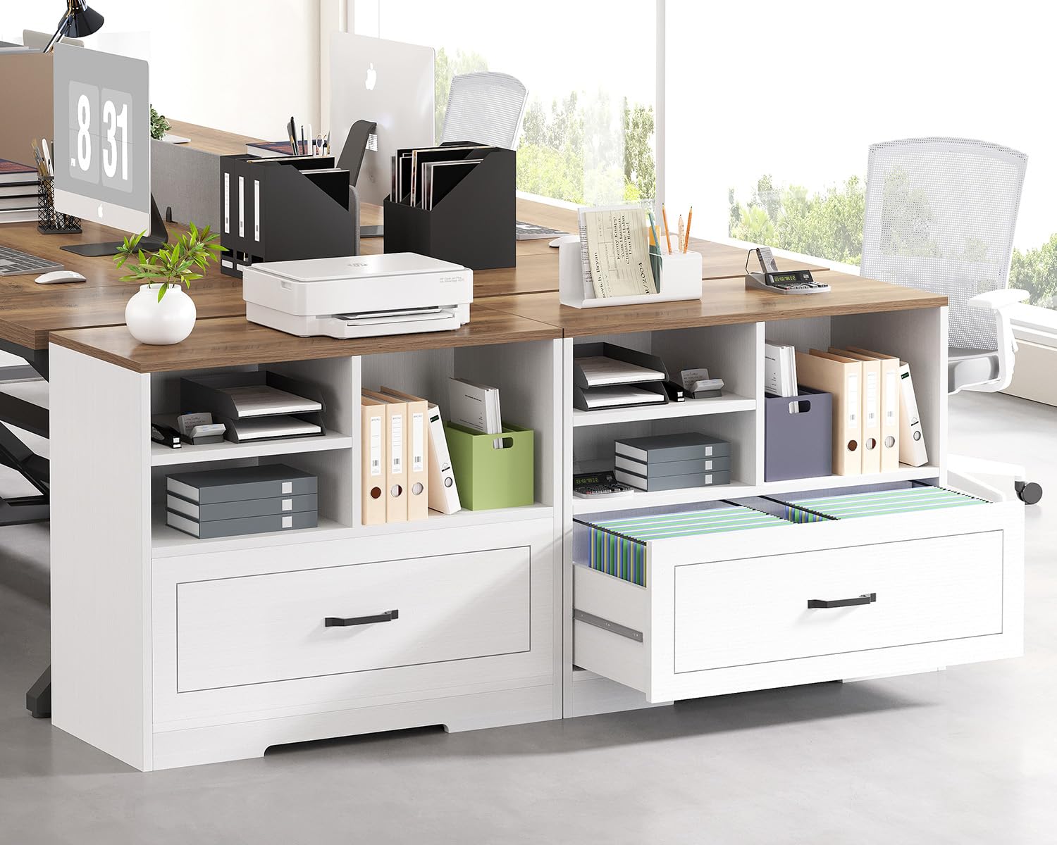 LVB Aktenschrank mit Schublade Schreibtisch Schrank für DIN A4 Letter Format Druckerständer Büroschrank mit offenem Regal für Arbeitszimmer Büro und HomeOffice Schubladenschrank Weiß 83 cm