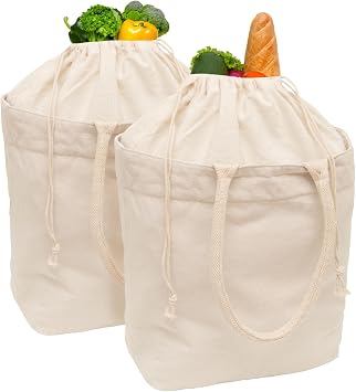 Cloth Grocery Bags with Handles - 100% Sturdy Canvas Cotton, 70 Lb Capacity Tote Bags with Overflow Protection Using Drawstring Closure - Soft Rope Handles to Carry Groceries Conveniently 2 Bags