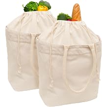Cloth Grocery Bags with Handles - 100% Sturdy Canvas Cotton, 70 Lb Capacity Tote Bags with Overflow Protection Using Drawstring Closure - Soft Rope Handles to Carry Groceries Conveniently 2 Bags