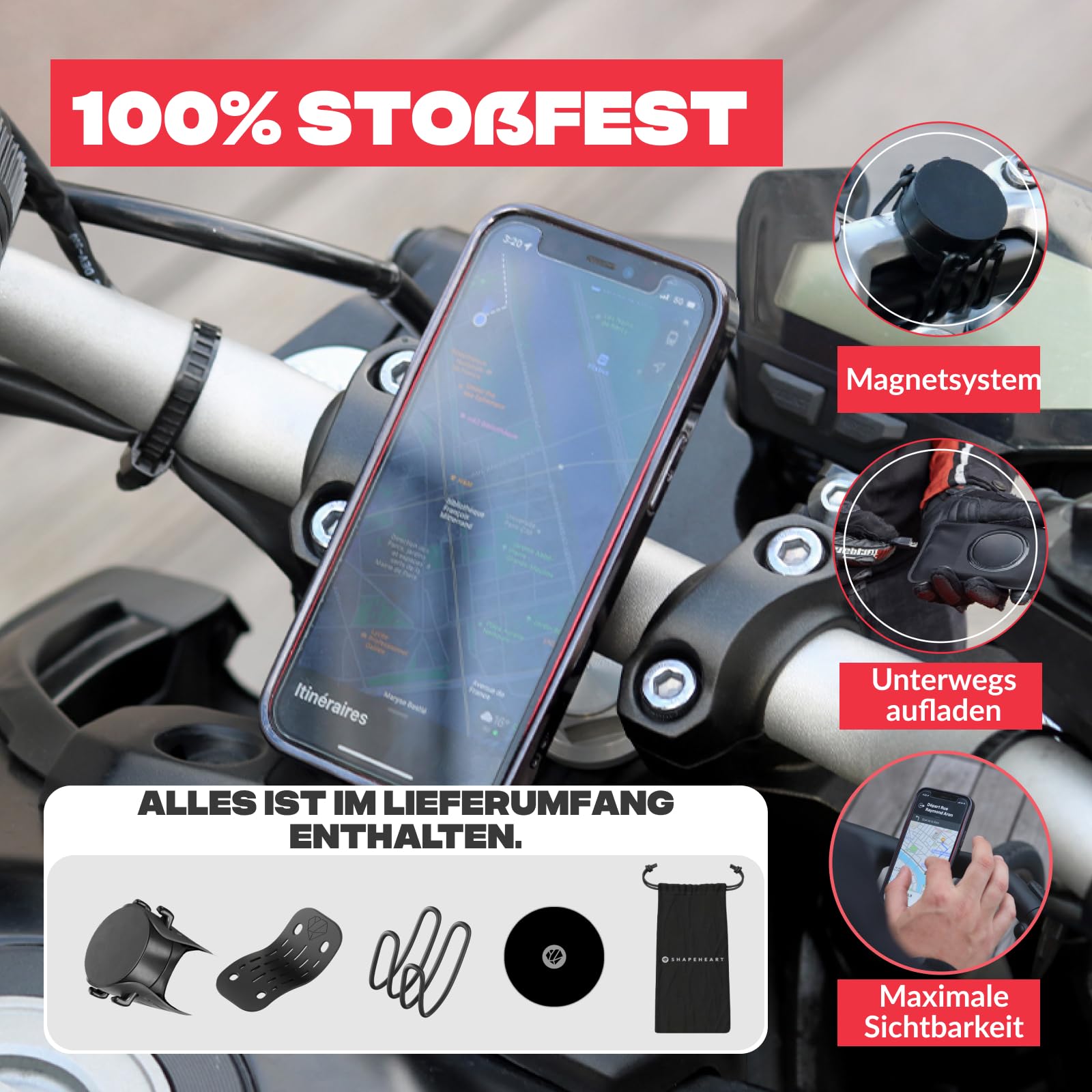 Shapeheart Magnetische Motorrad Handyhalterung - Einhandbedienung - Universal Lenkerhalterung Motorrad, Roller, E-Scooter - Inklusive Metallplatte - Sicherer Halt und Schnell Abnehmbar | Für glatte Handyhüllen | Lenker 20–50 mm | 1-Hand-Bedienung | Touchs