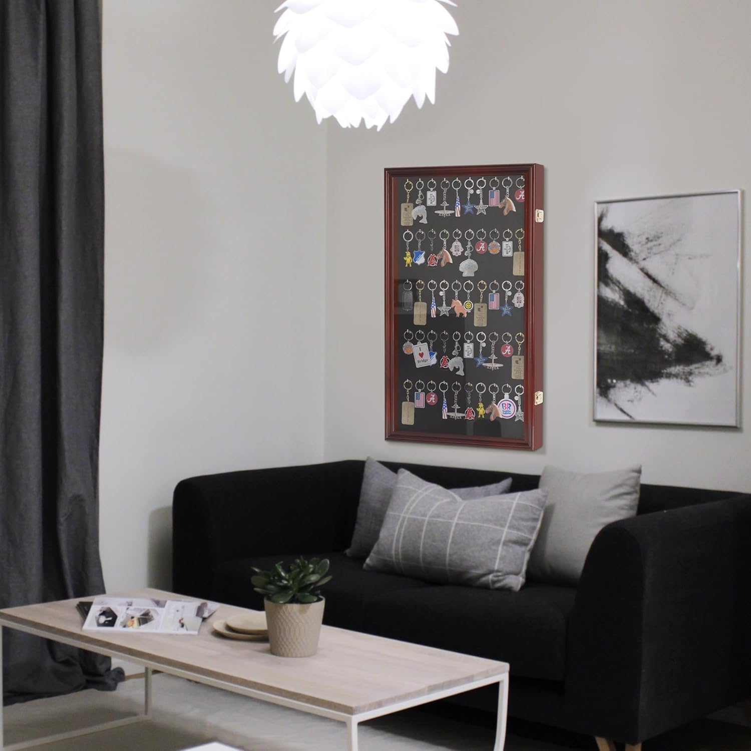 Fishing Lures Keychain Display Case Pocket Watch Wall Cabinet Frame Keyring Golf Bag Tag Luggage Tag Showcase Shadow Box Mahogany Finish