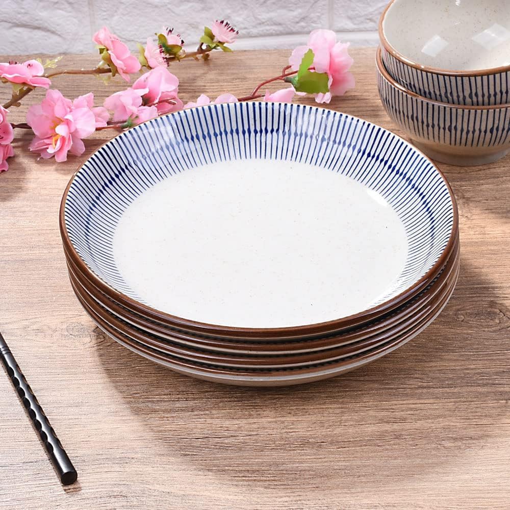Japanese Ceramic Dinner Plate Set of 4, 7.2 Inch Blue Stripes Salad Plates